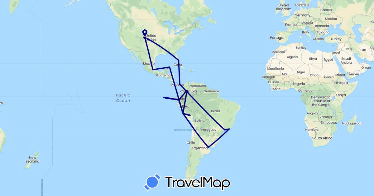 TravelMap itinerary: driving in Argentina, Brazil, Colombia, Ecuador, Mexico, Panama, Peru, United States (North America, South America)